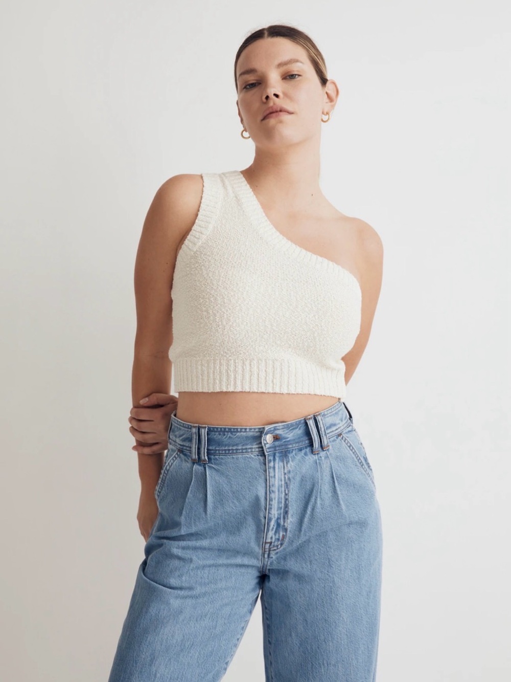 Madewell Textural-Knit One-Shoulder Sweater Tank, Antique Cream, Size S, NJ833